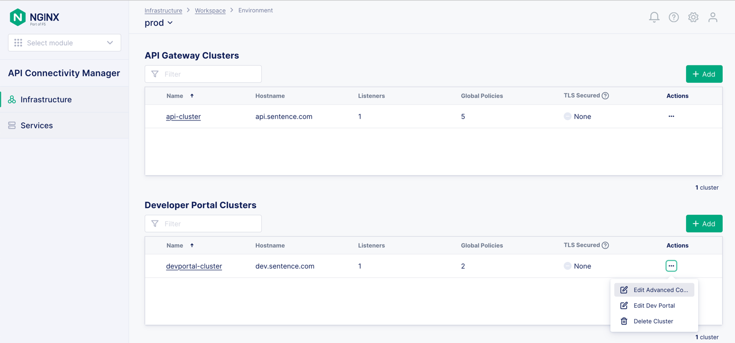 Screenshot of how to edit a Developer Portal Cluster to define a policy in API Connectivity Manager