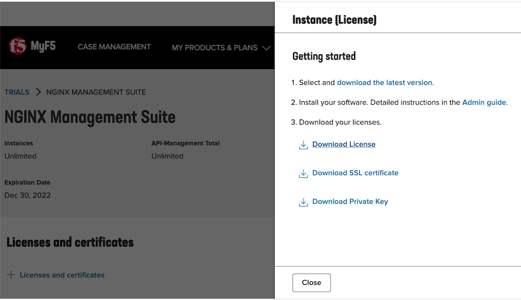 Screenshot of Instance [License] panel on TRIALS  NGINX MANAGEMENT SUITE page at f5.com